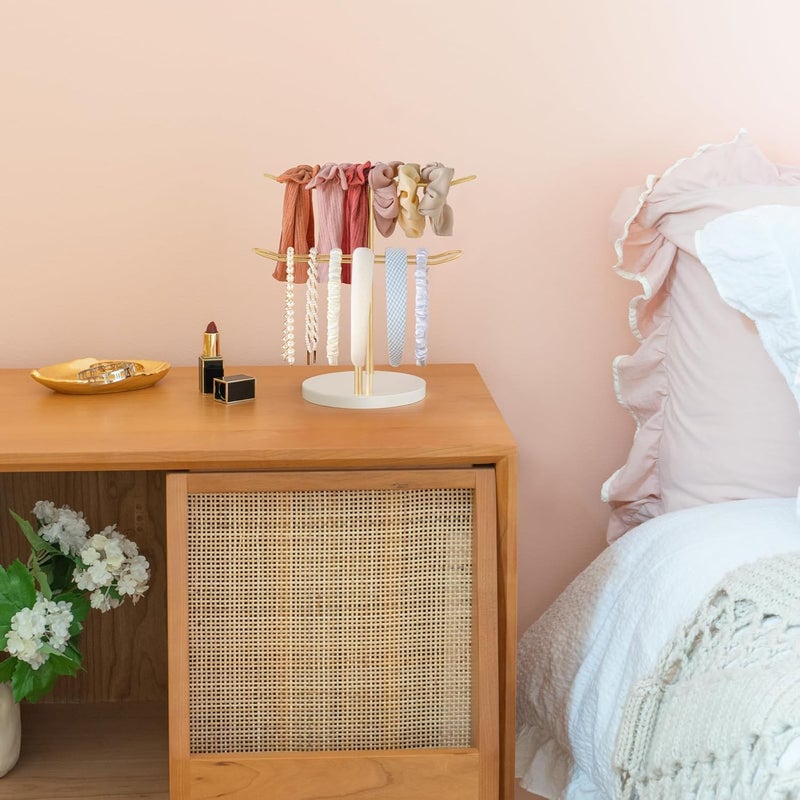 Dahey Headband Holder Organizer Metal 2-Tier Hair Hoop Display Stand Headband Organizer Storage Hair Ropes Accessories Bracelets Bangles Bedroom College Dorm Decor for Girls Women, Gold - Image 2